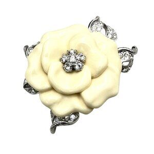 Vintage Nolan Miller Off White Rose Brooch Silver Tone Clear Rhinestones